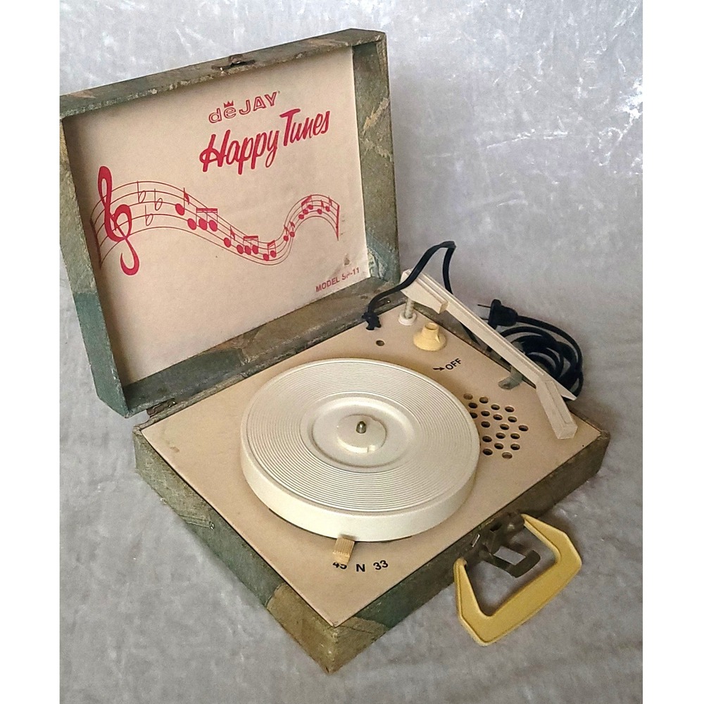 Vtg Dejay Happy Tunes SP-11 Portable Record Player Denim Suitcase Case TESTED